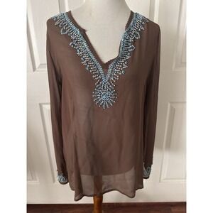 Pow Wow Top Sz 12 Brown 100% Silk Chiffon Beaded Tunic Boho Festival